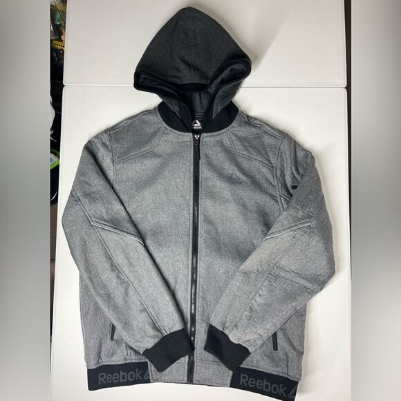 Reebok Softshell Athletic Jacket Full zip Hooded Gray Black Size L Fleece Lined - Picture 1 of 13